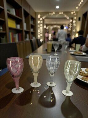 WINE GOBLETS -- Set of 4, Rose/Blue/Amber/Green, Vintage, Etched w/Indiv Designs